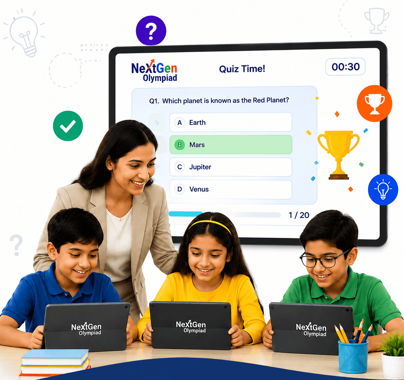 Students taking a NextGen Olympiad quiz with their teacher